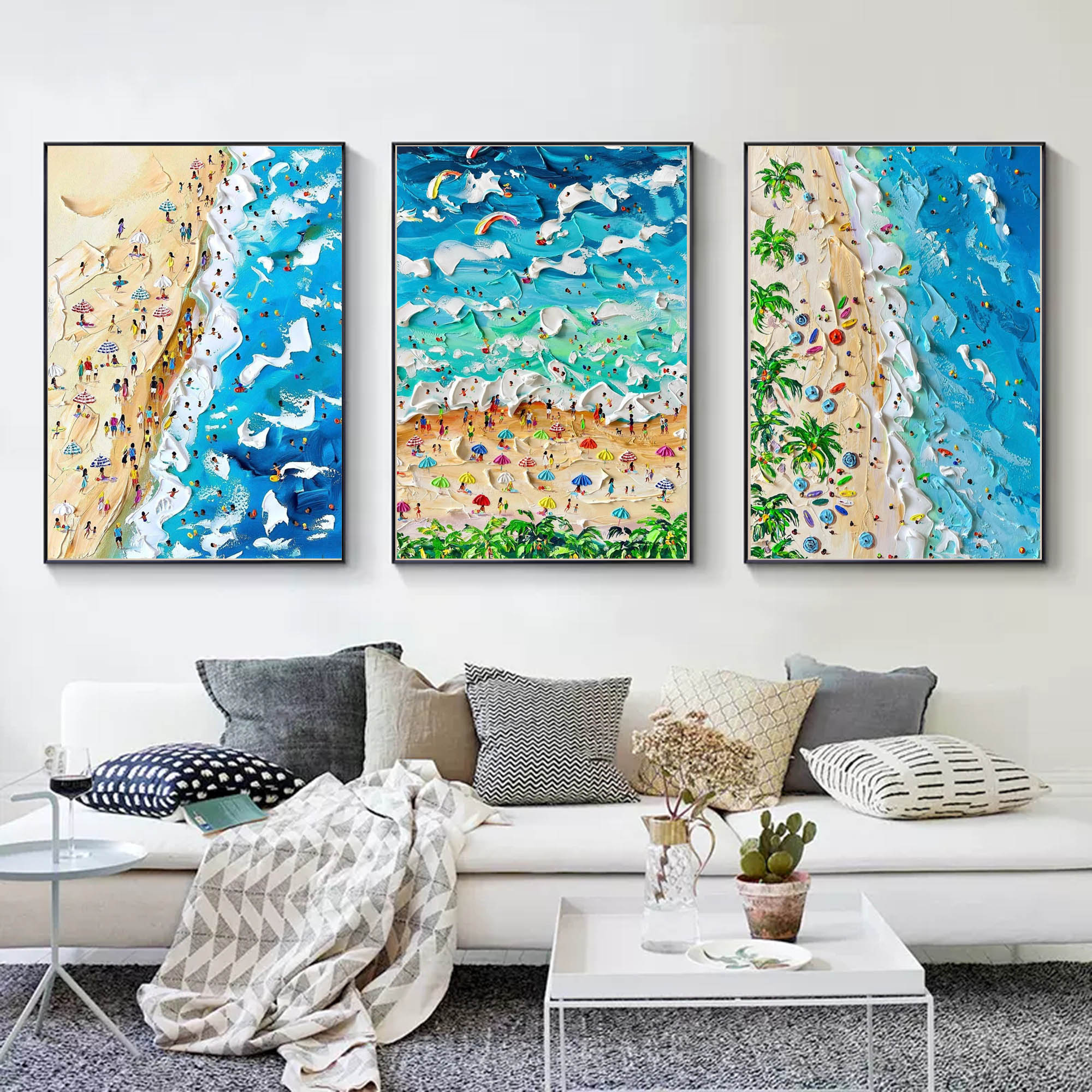 Set of 3 Vibrant Beach Scene Triptych Abstract Painting