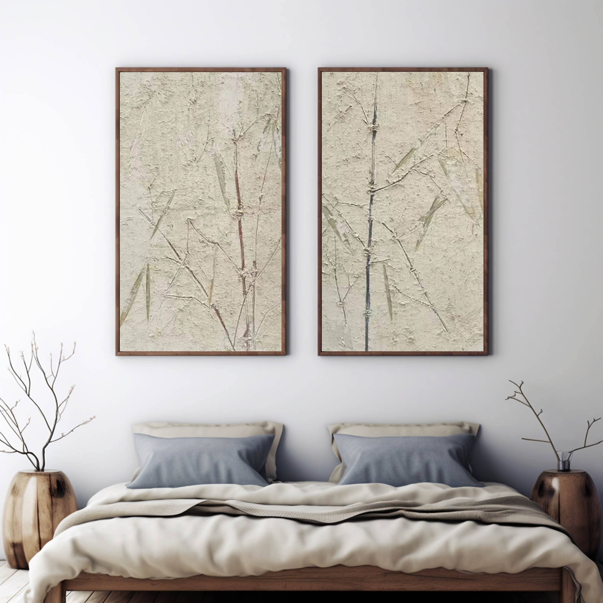Wabi-Sabi Bamboo Diptych Bas-Relief Painting Set