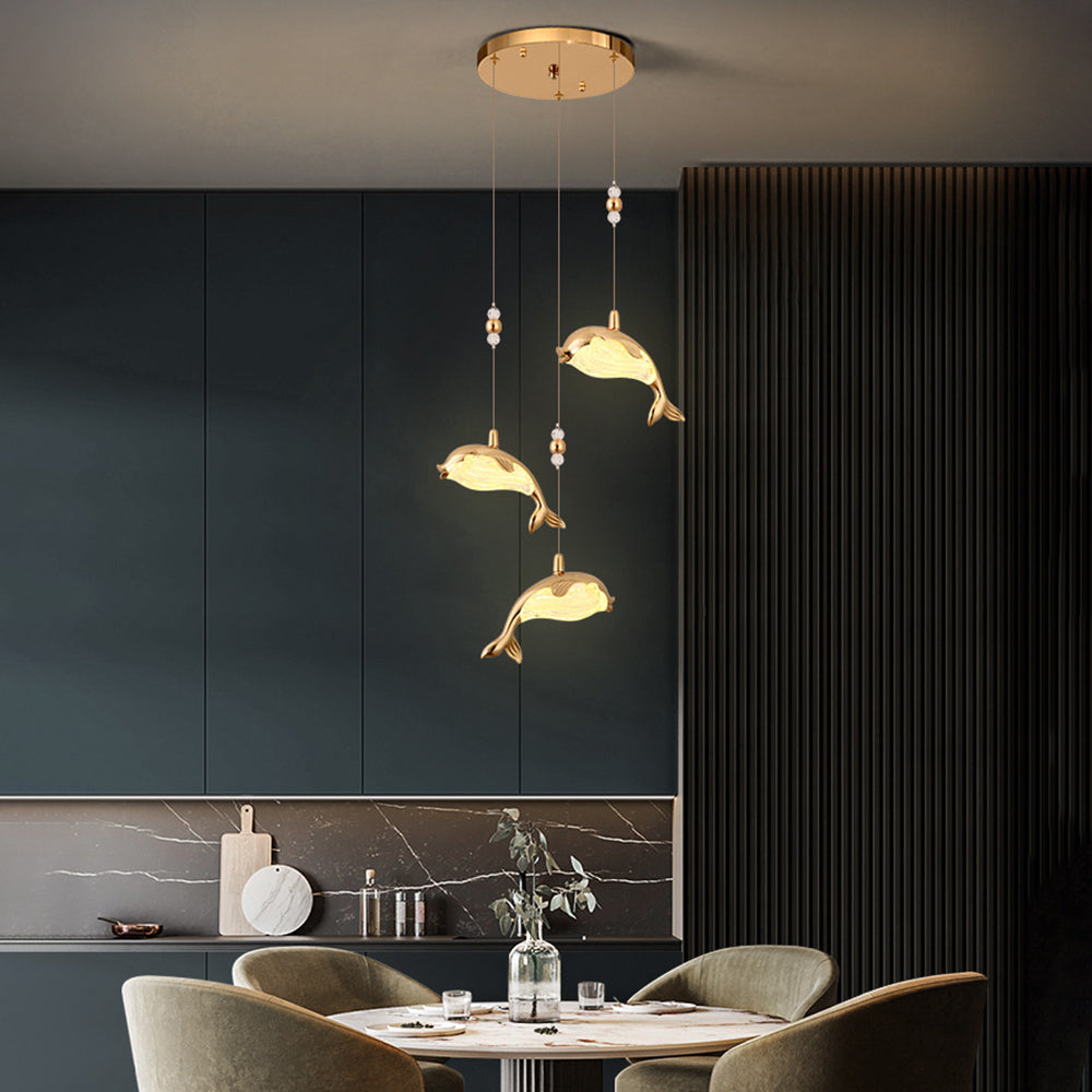 Arisha Modern Dolphin Metal Pendant Light, Gold, Metal/