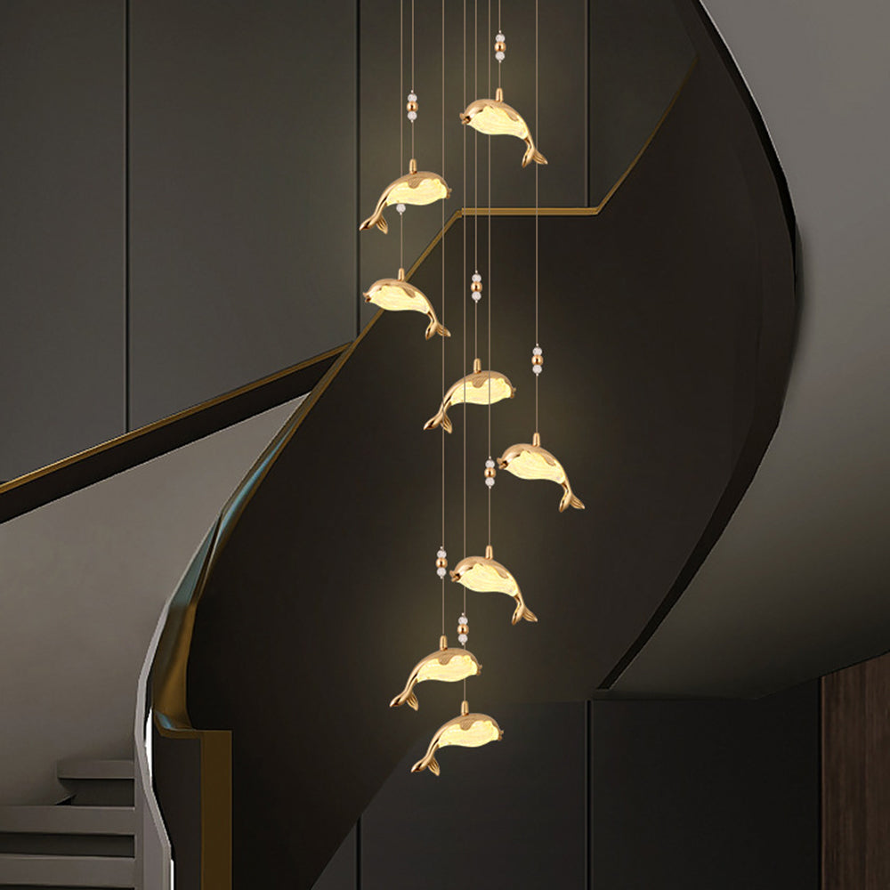 Arisha Modern Dolphin Metal Pendant Light, Gold, Metal/