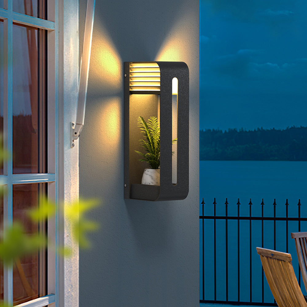 Ray Modern Rectangular Metal/ Solar Outdoor Plants Pot Holder Wall Lamp, Black