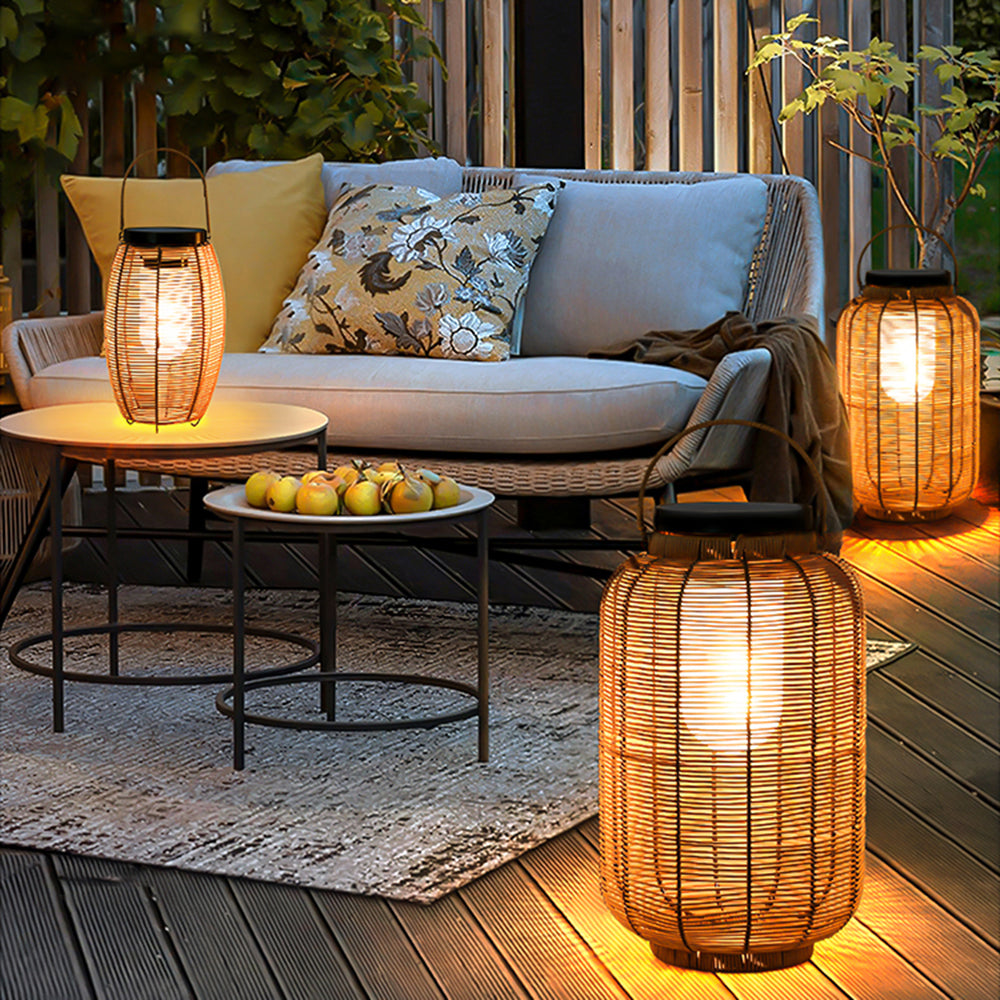 Ray Retro Lantern Metal/Rattan Floor Lamp, Wood Color