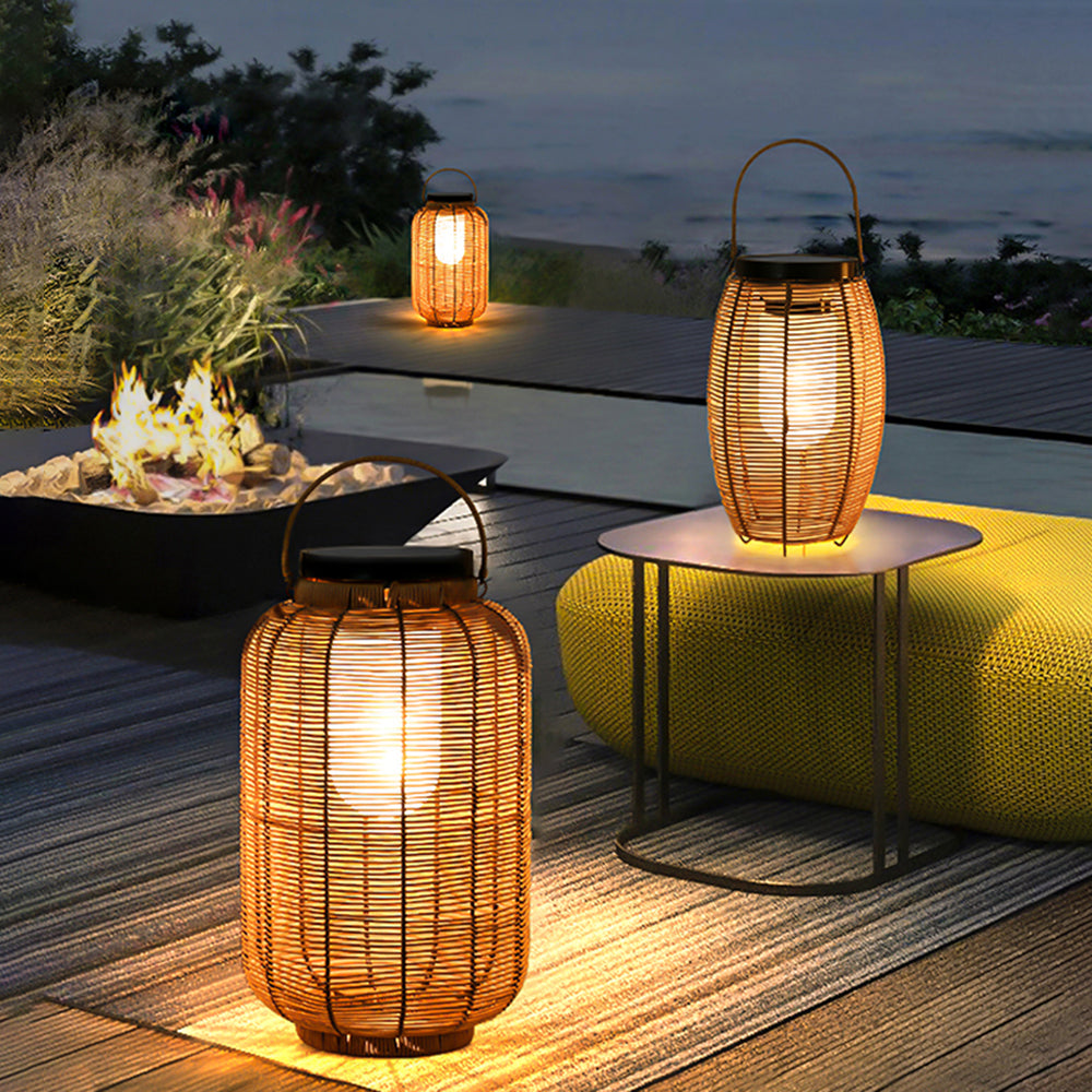 Ray Retro Lantern Metal/Rattan Floor Lamp, Wood Color