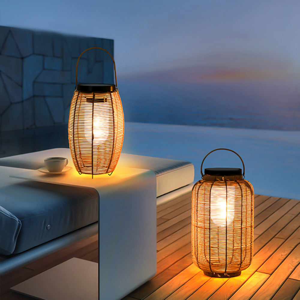 Ray Retro Lantern Metal/Rattan Floor Lamp, Wood Color