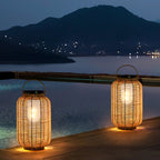 Ray Retro Lantern Metal/Rattan Floor Lamp, Wood Color