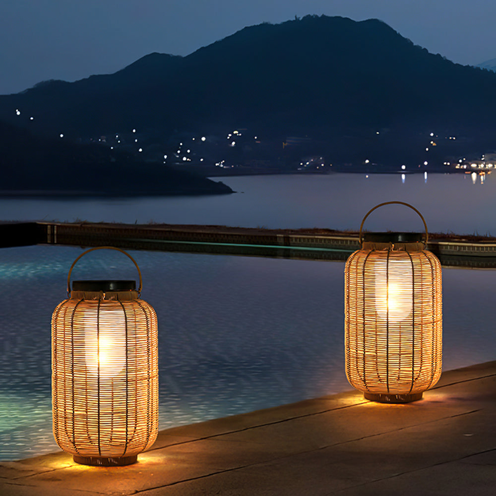 Ray Retro Lantern Metal/Rattan Floor Lamp, Wood Color
