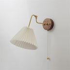 Vintage Brass & Walnut Wall Lamp with Pleated Fabric Shade