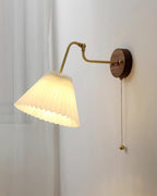Vintage Brass & Walnut Wall Lamp with Pleated Fabric Shade