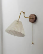Vintage Brass & Walnut Wall Lamp with Pleated Fabric Shade