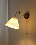 Vintage Brass & Walnut Wall Lamp with Pleated Fabric Shade