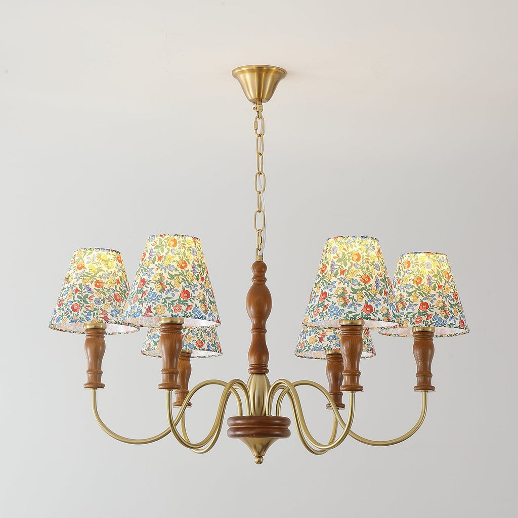 Florinda Floral Fabric Shade Chandelier with Wooden Arms