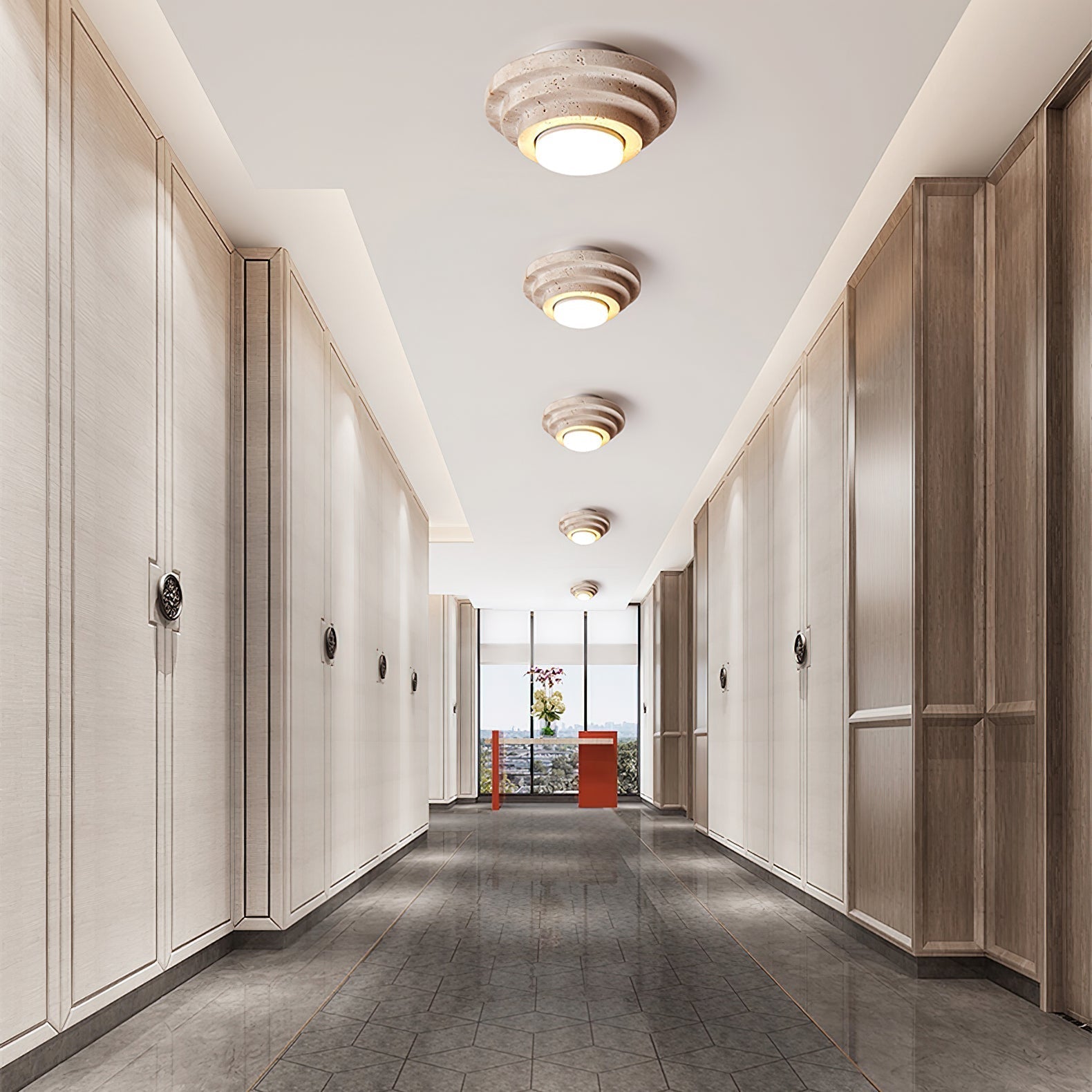 Zadoraris Ceiling Light to Discs Stacked in Travertine - Kingsley Beaumont