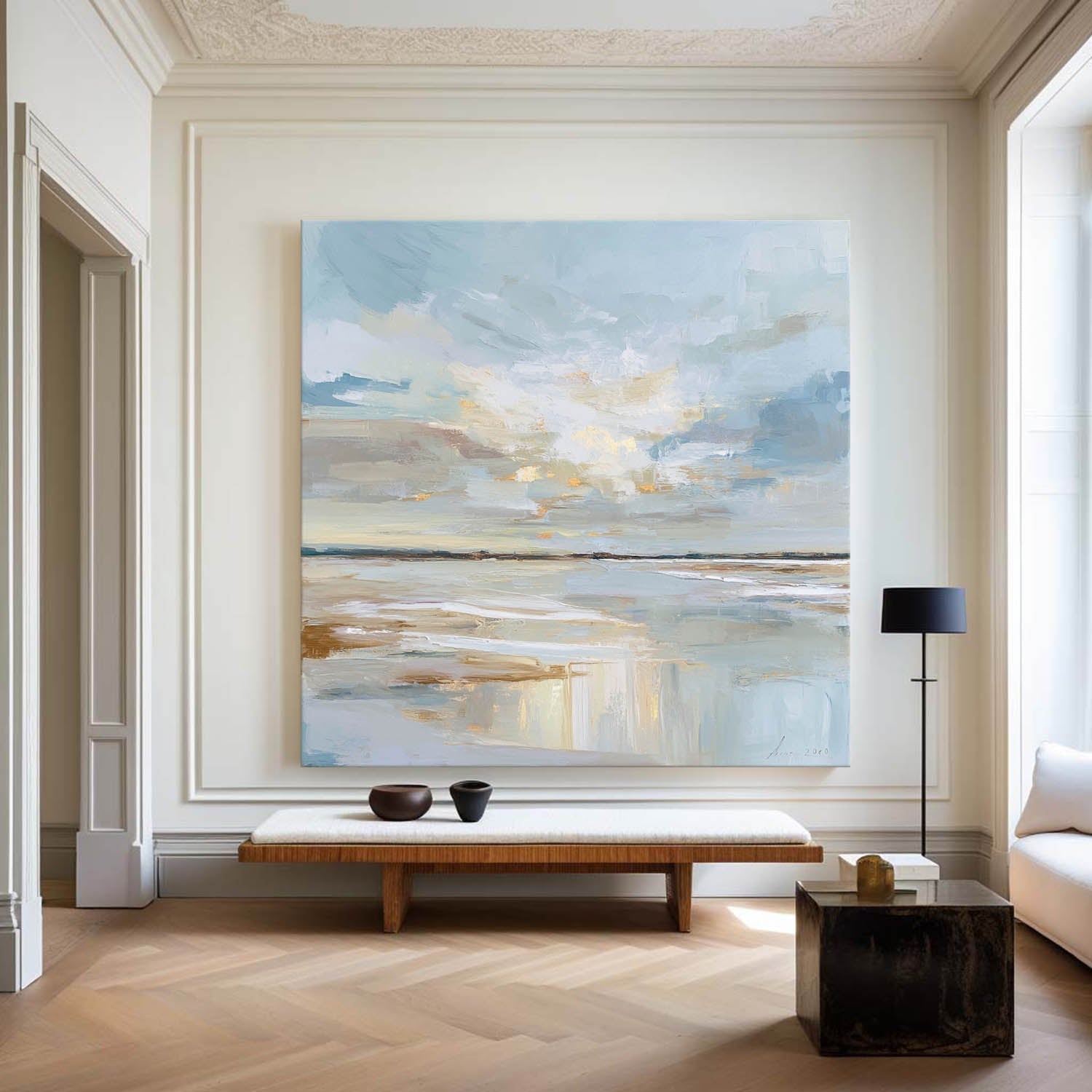 Tranquil Coastal Horizon Oil Painting Soft Blue