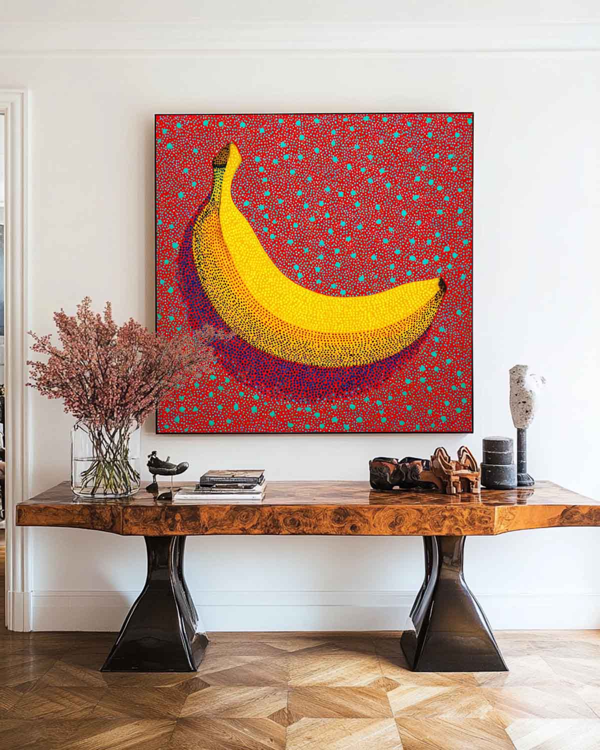 Dot Art Banana Painting Vibrant Yellow and Red