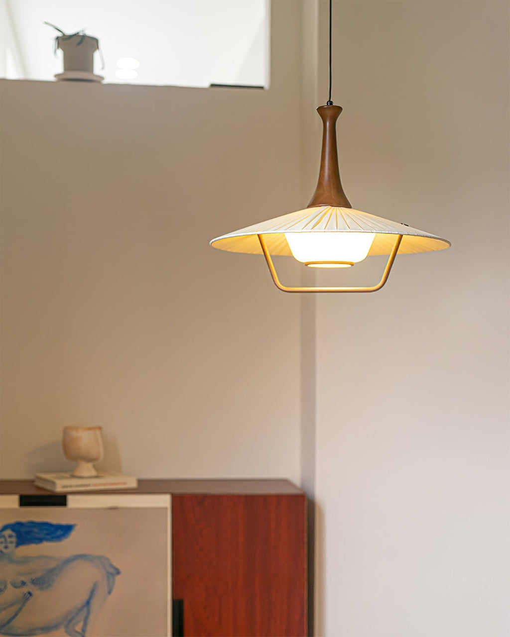 Vionne Mid-Century Wood and White Pendant Lamp