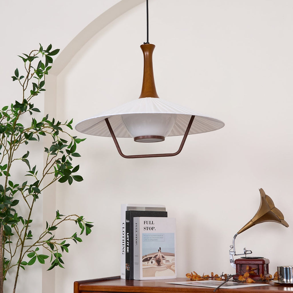 Vionne Mid-Century Wood and White Pendant Lamp
