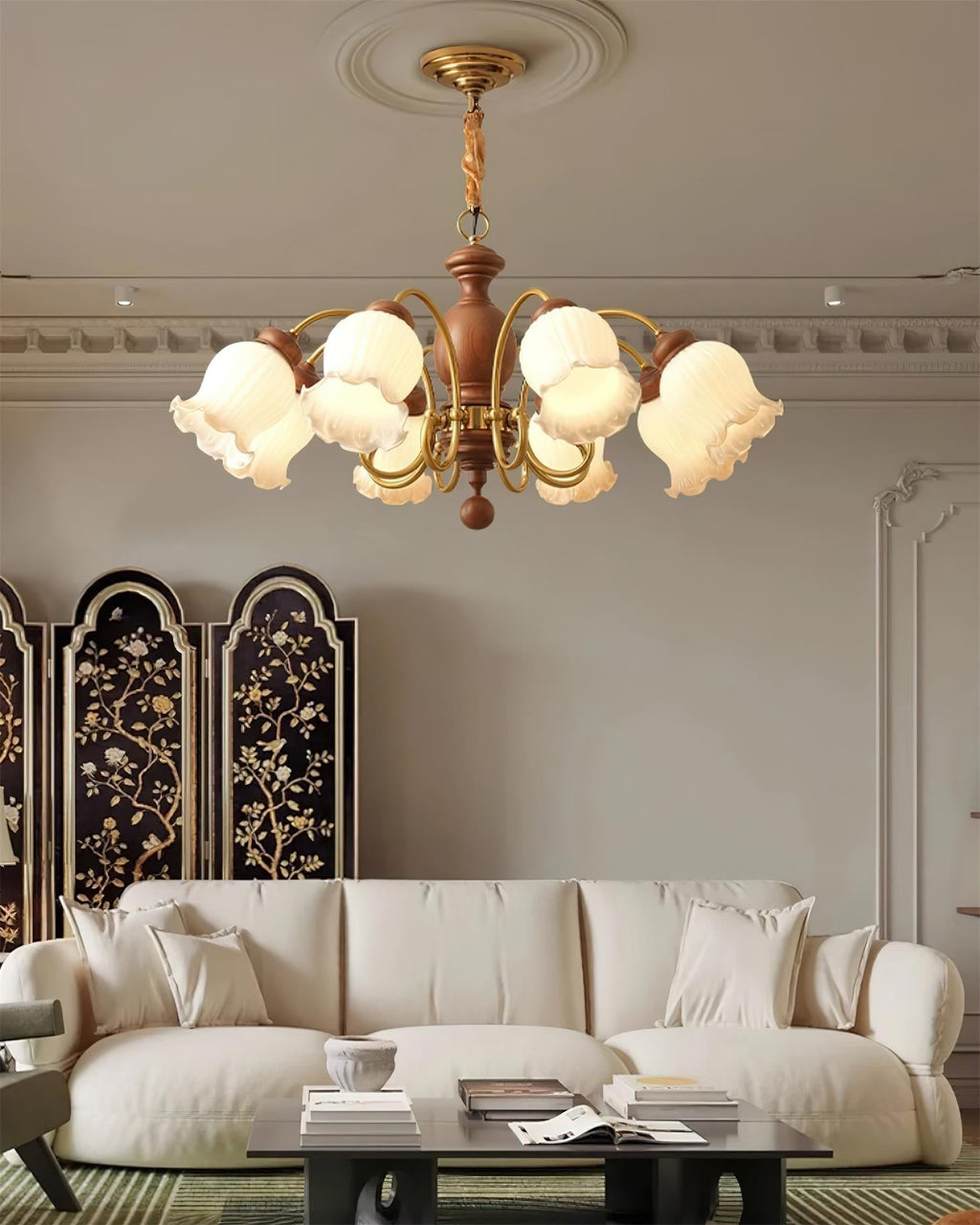 Chandelier Tulip Glass Shades Walnut Wood Frame Rustic
