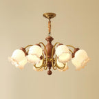 Chandelier Tulip Glass Shades Walnut Wood Frame Rustic