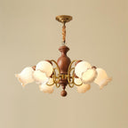 Chandelier Tulip Glass Shades Walnut Wood Frame Rustic