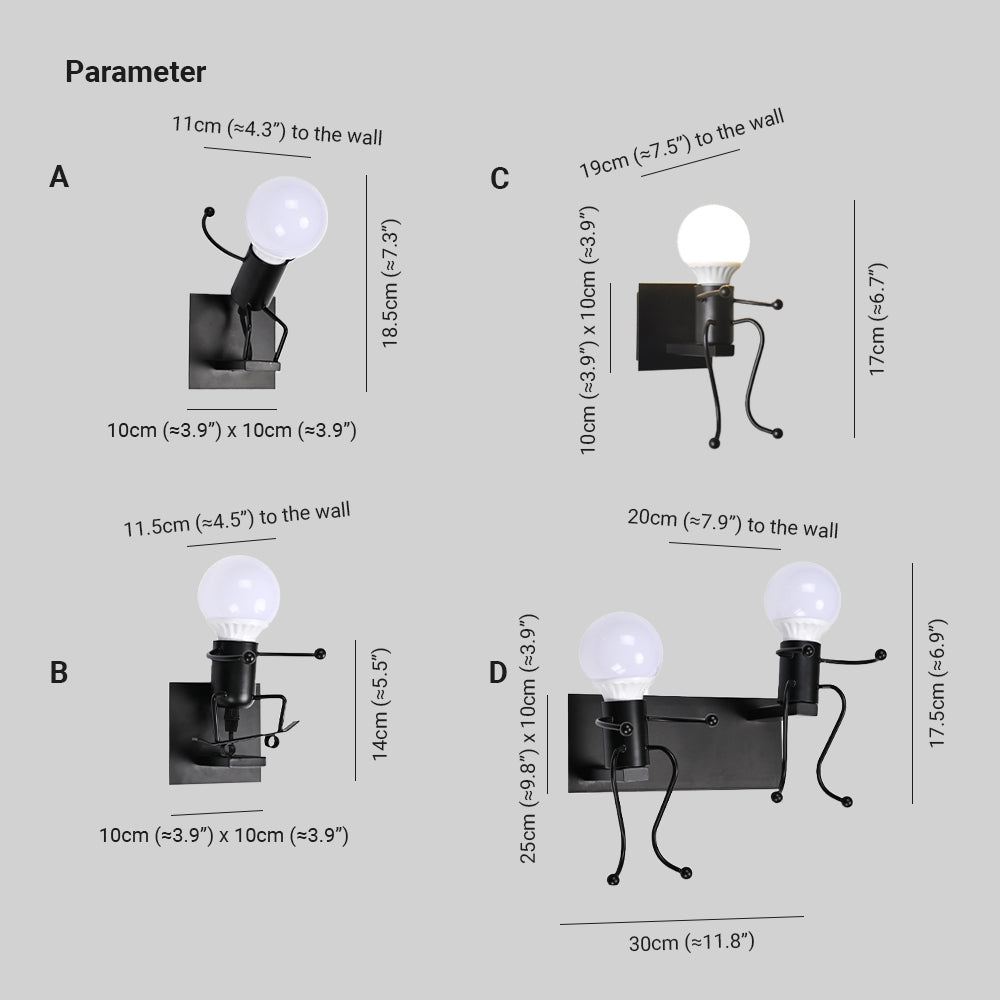 Arisha Modern Decorative Man Metal Wall Lamp, White/Black