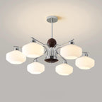 Chandelier White Glass Shades Chrome Walnut Arms Retro
