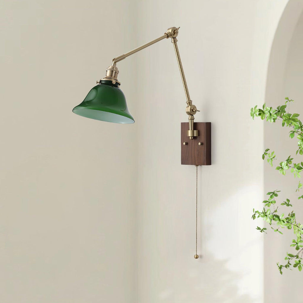 Wall Lamp Brass and Glass Shade Walnut Wood Base Adjustable Arm Vintage