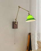 Wall Lamp Brass and Glass Shade Walnut Wood Base Adjustable Arm Vintage