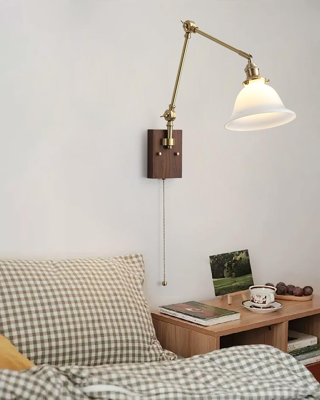 Wall Lamp Brass and Glass Shade Walnut Wood Base Adjustable Arm Vintage
