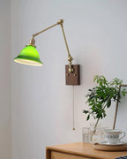 Wall Lamp Brass and Glass Shade Walnut Wood Base Adjustable Arm Vintage