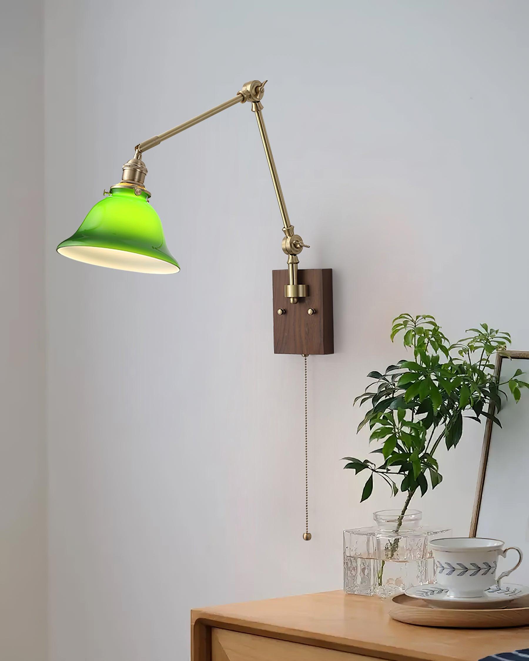 Wall Lamp Brass and Glass Shade Walnut Wood Base Adjustable Arm Vintage