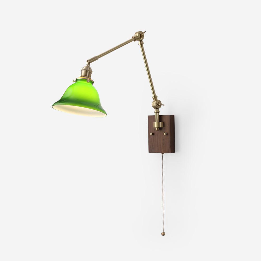 Wall Lamp Brass and Glass Shade Walnut Wood Base Adjustable Arm Vintage