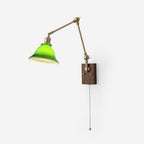 Wall Lamp Brass and Glass Shade Walnut Wood Base Adjustable Arm Vintage