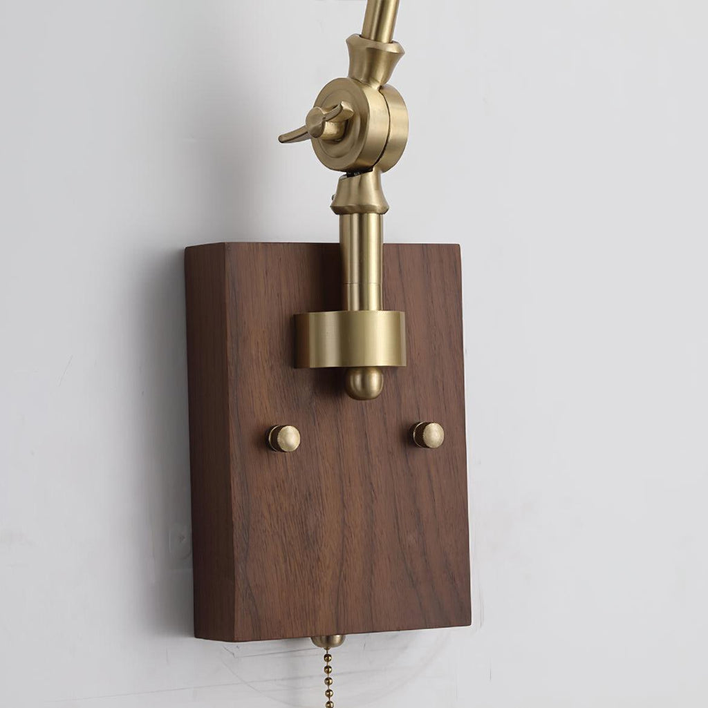 Wall Lamp Brass and Glass Shade Walnut Wood Base Adjustable Arm Vintage