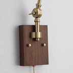 Wall Lamp Brass and Glass Shade Walnut Wood Base Adjustable Arm Vintage