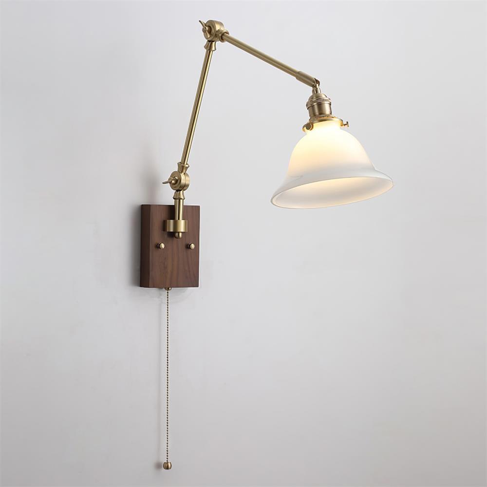 Wall Lamp Brass and Glass Shade Walnut Wood Base Adjustable Arm Vintage