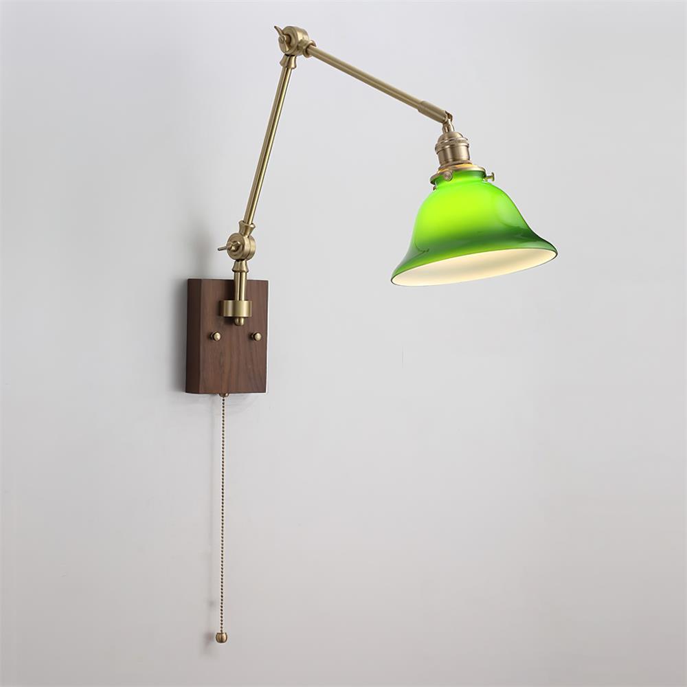 Wall Lamp Brass and Glass Shade Walnut Wood Base Adjustable Arm Vintage