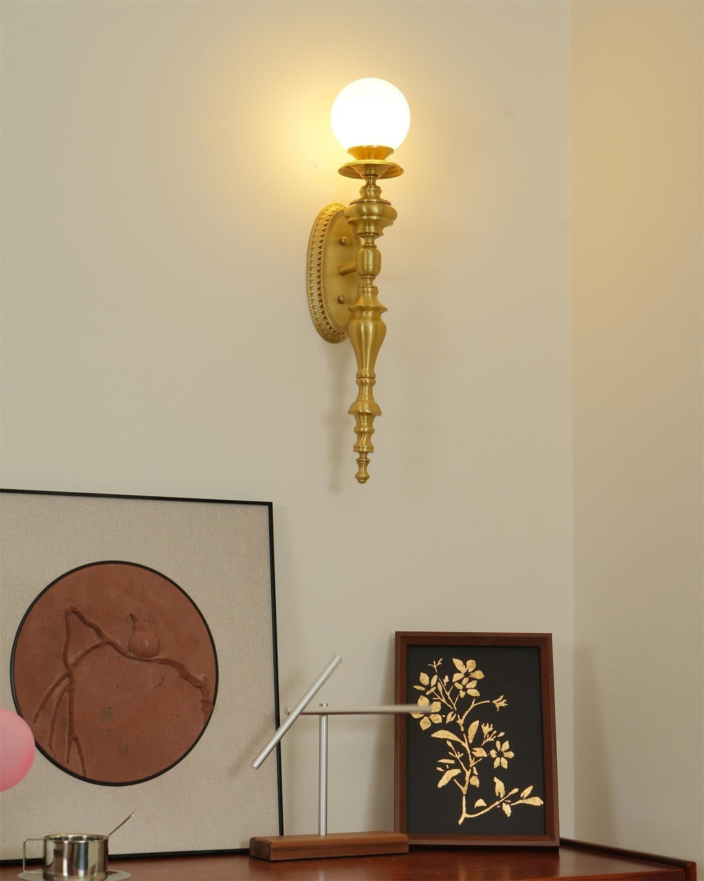Wall Lamp Sculpted Brass Body Globe Shade Classic Elegant Statement