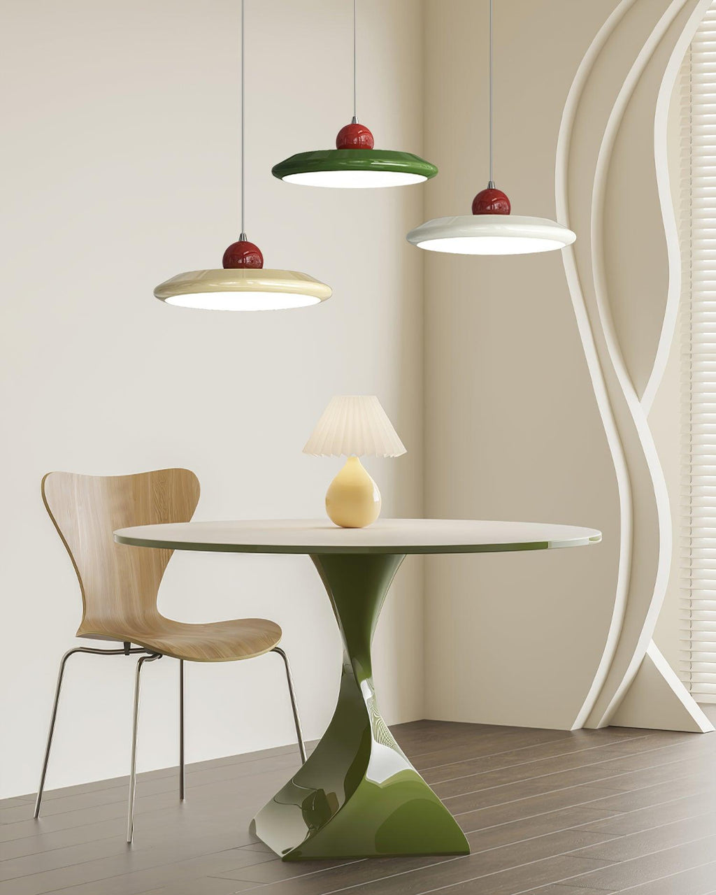 Pendant Lamp White Disc Green Trim Red Bold