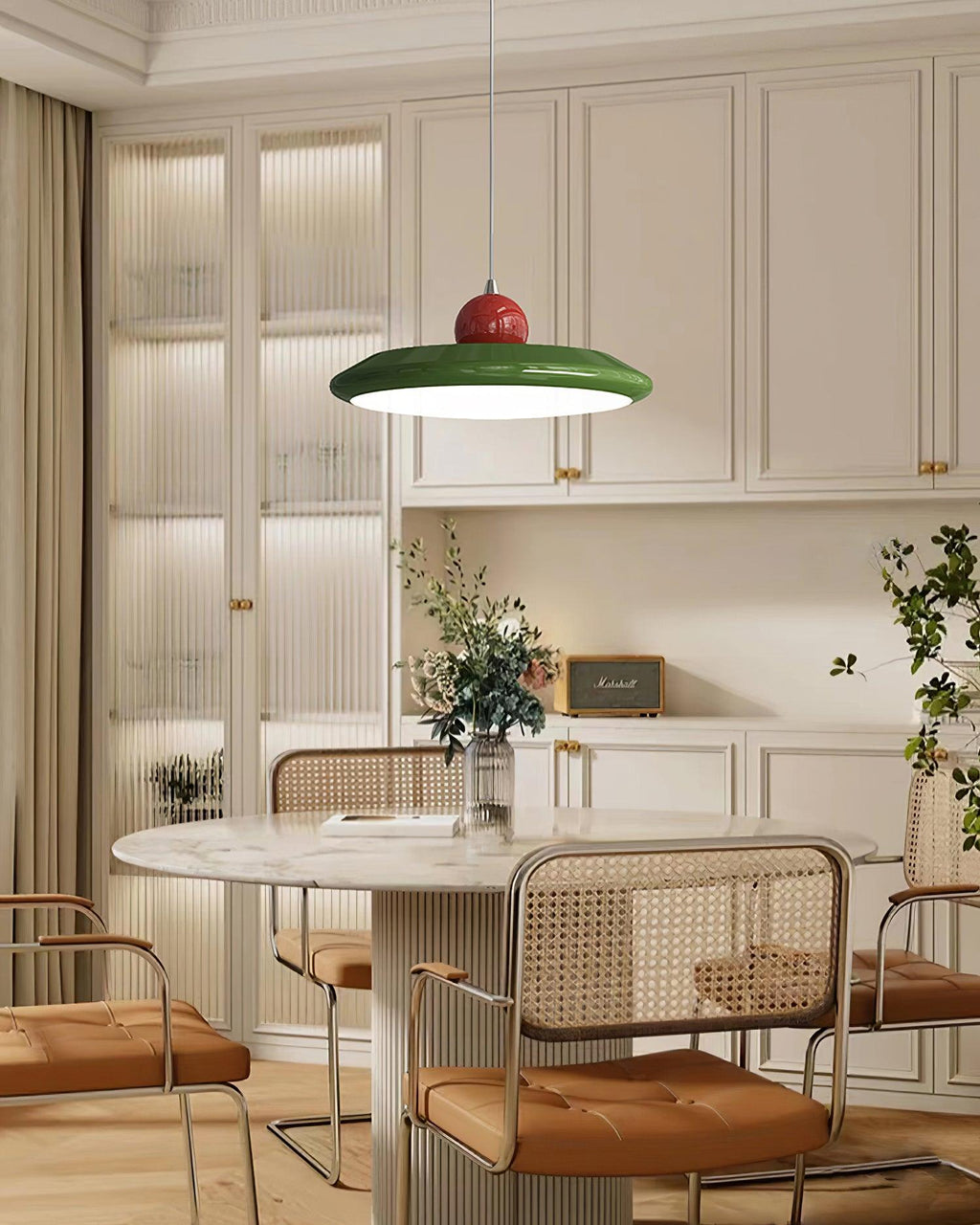 Pendant Lamp White Disc Green Trim Red Bold