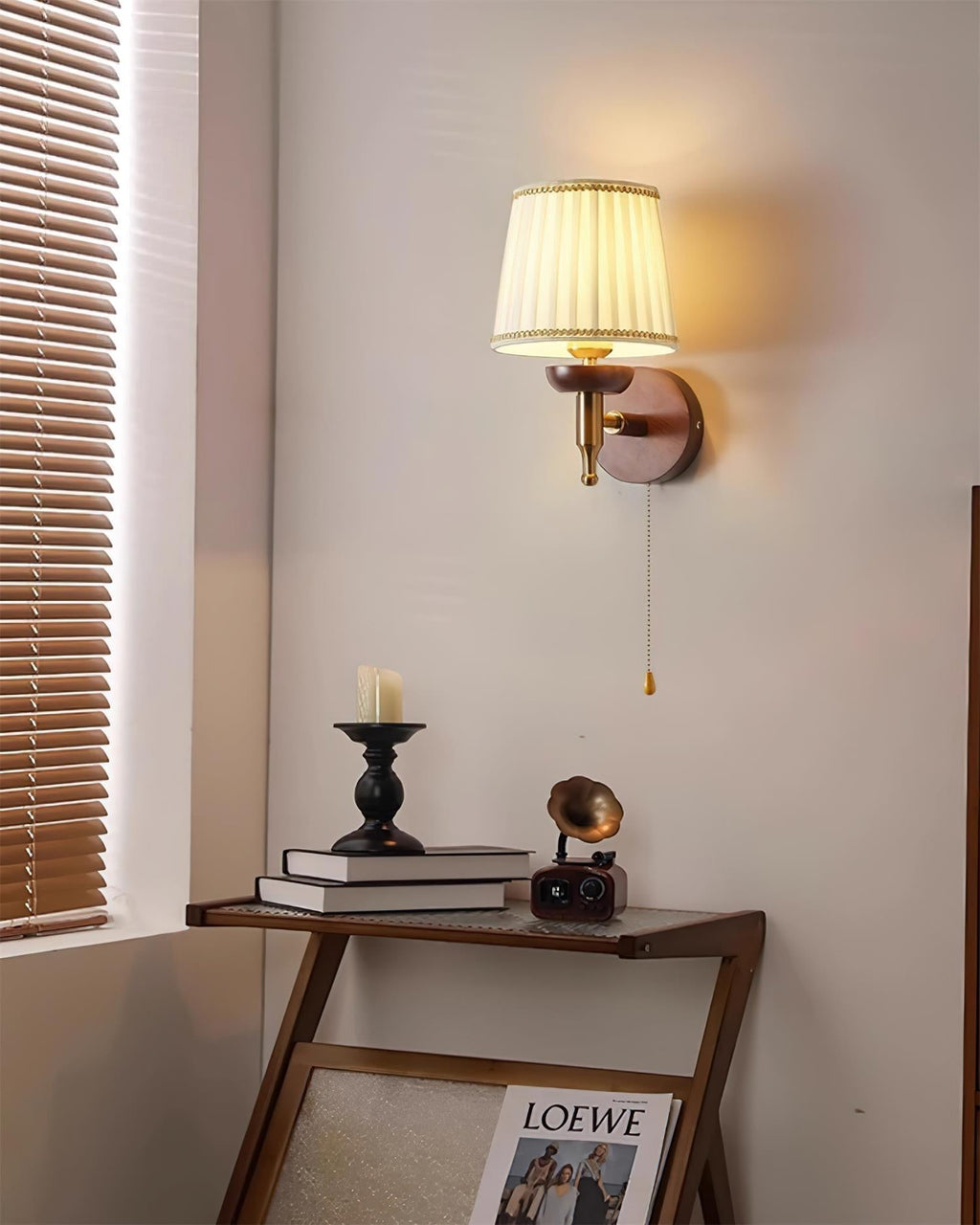 Wall Lamp Fabric Shade Modern Classic Gold Walnut Sconce Bedroom
