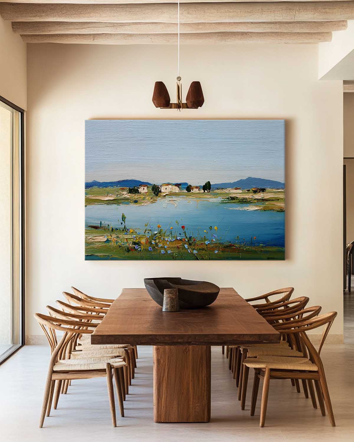 Mediterranean Lakeside Village Oil Paintin