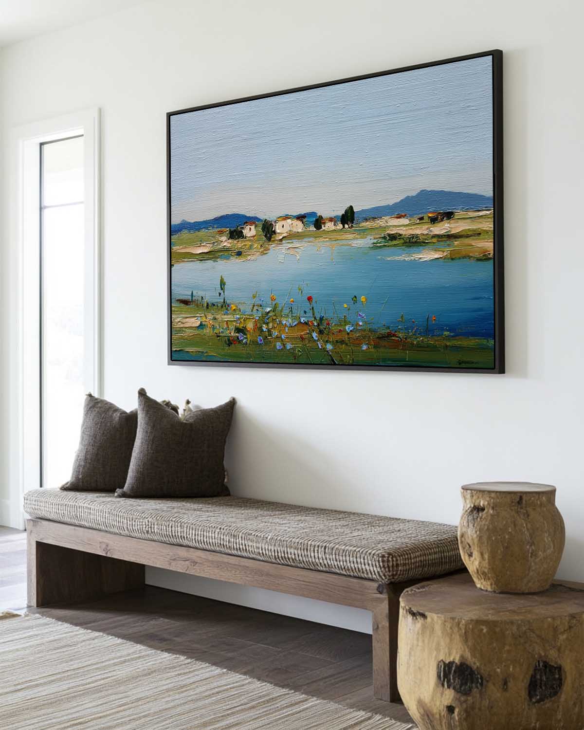 Mediterranean Lakeside Village Oil Paintin