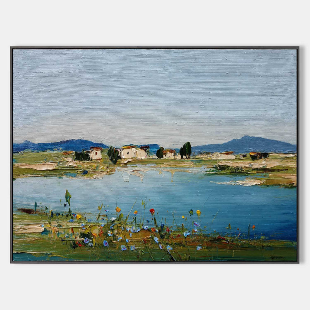 Mediterranean Lakeside Village Oil Paintin