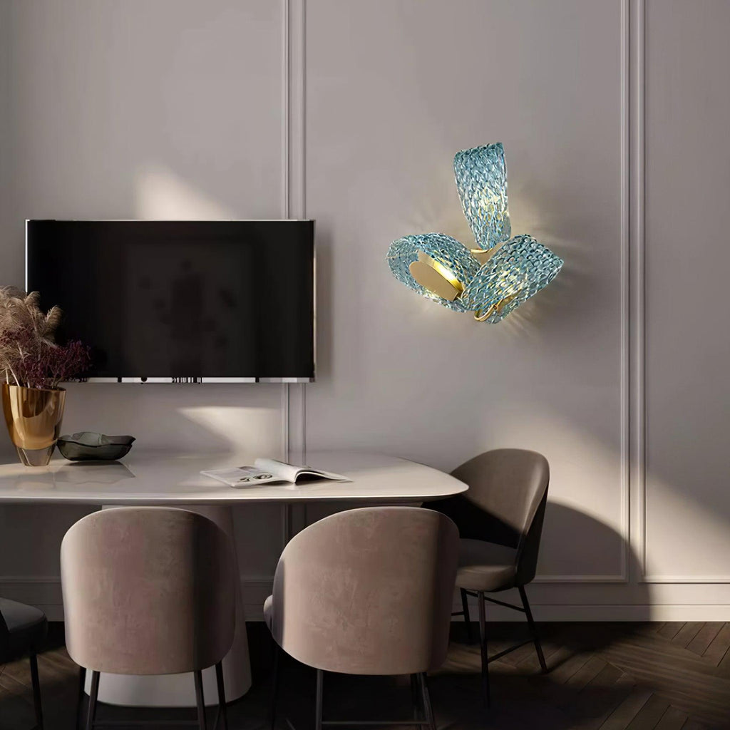 Wall Lamp Blue Ribbed Glass Ribbons Brass