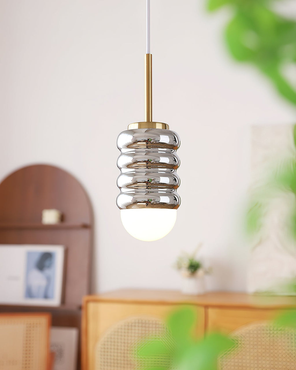 Pendant Light Ribbed Ceramic  Brass Midcentury