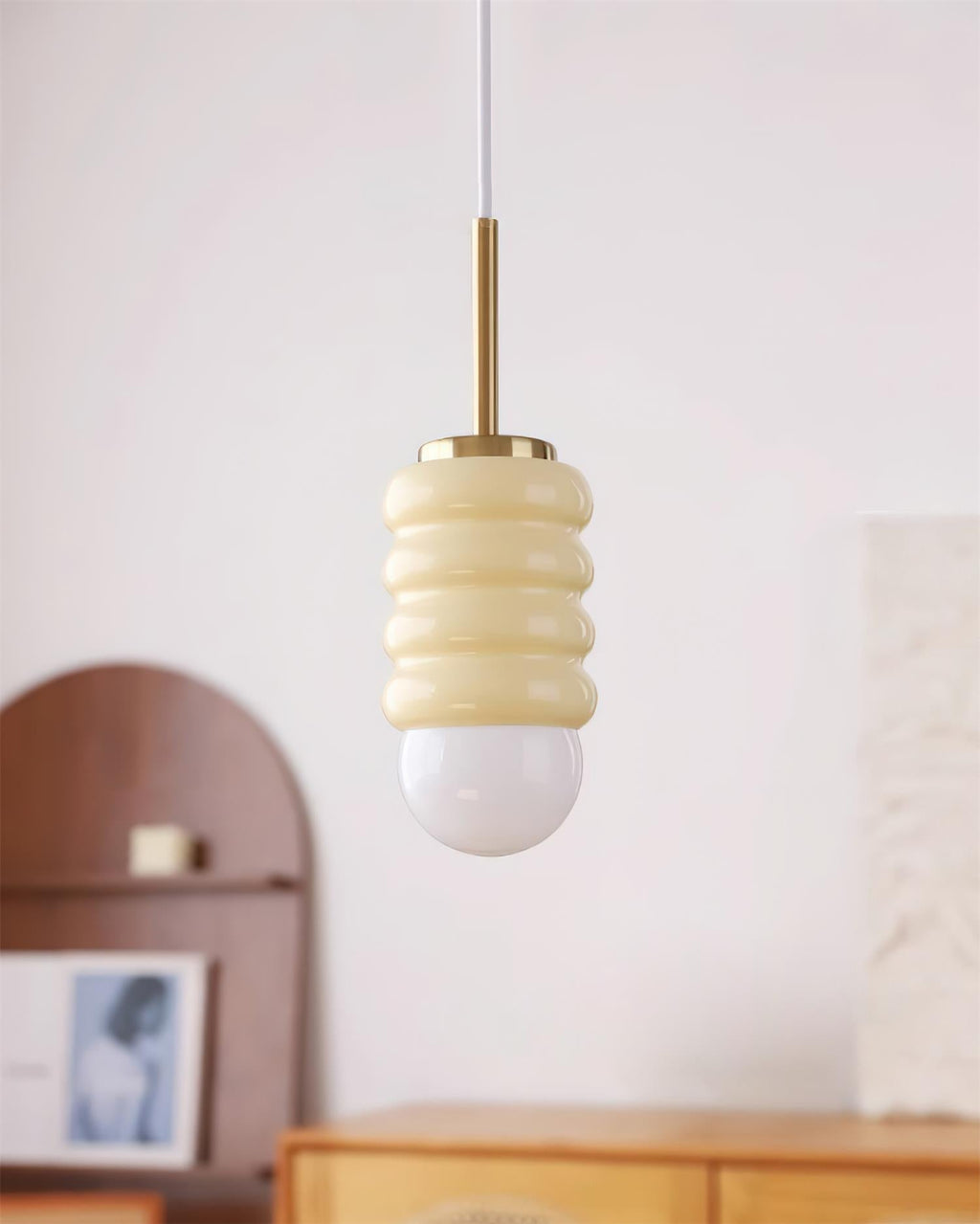 Pendant Light Ribbed Ceramic  Brass Midcentury