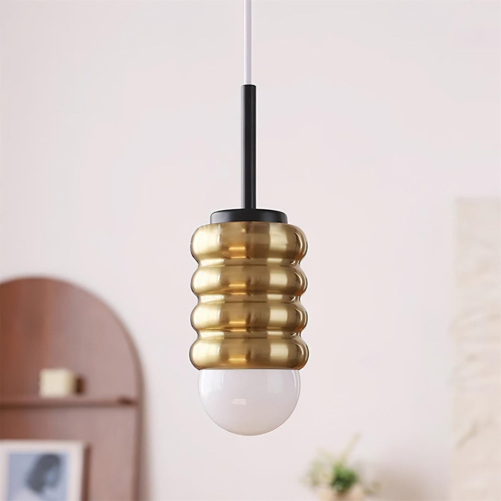 Pendant Light Ribbed Ceramic  Brass Midcentury
