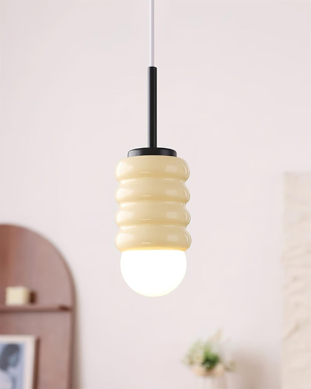 Pendant Light Ribbed Ceramic  Brass Midcentury