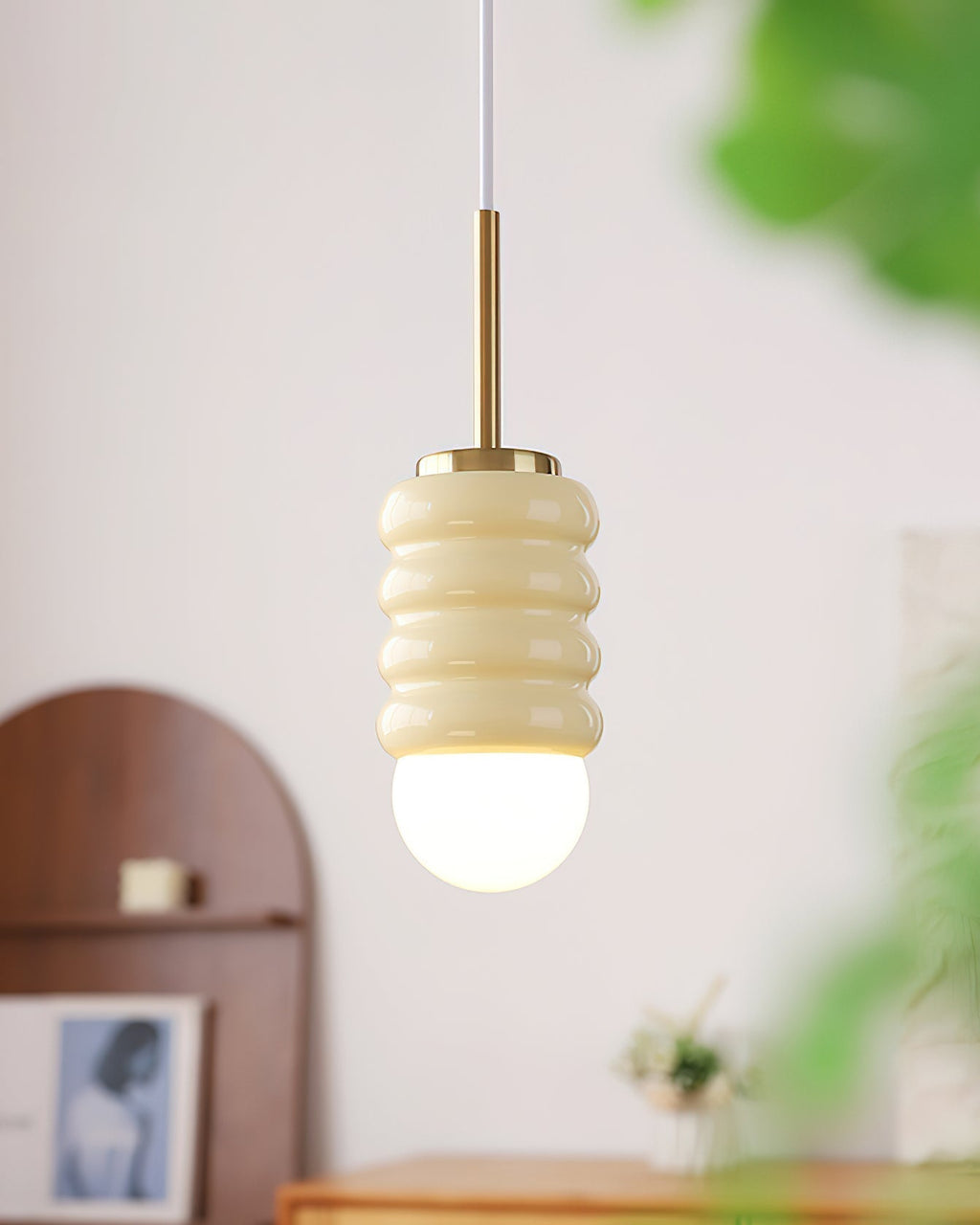 Pendant Light Ribbed Ceramic  Brass Midcentury