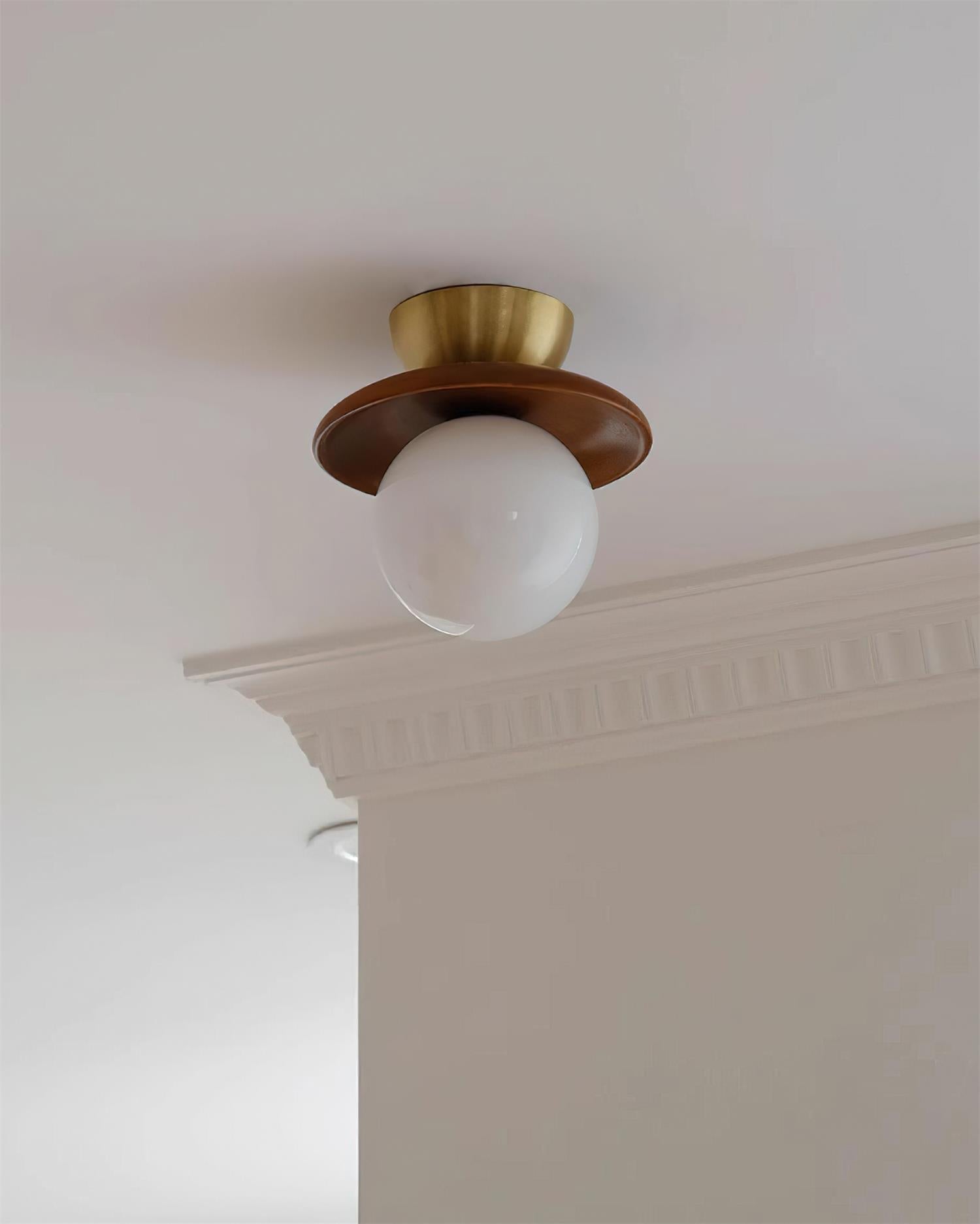 Ceiling Light Globe Opal Glass Modern Brass Walnut Accent Flush Mount